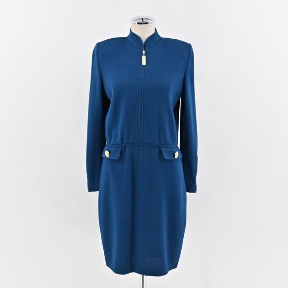 ST JOHN Dress Size 4‎ Collection Blue Santana Knit Long Sleeve Knee Length Zip - Picture 1 of 13